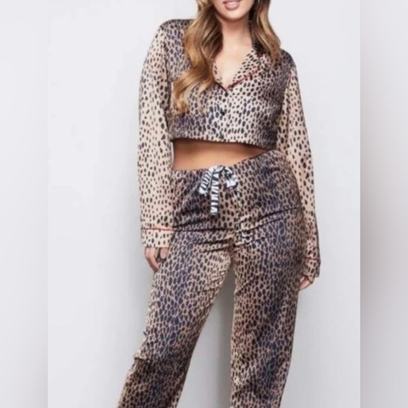 NWT Animal Print GOOD AMERICAN Cropped Pajama Top + Drawstring Pants S / 1 SET - Picture 2 of 16